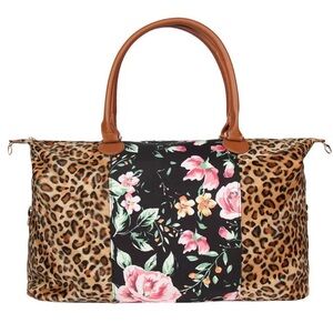 Elegant Floral and Leopard Print Tote pleather bag